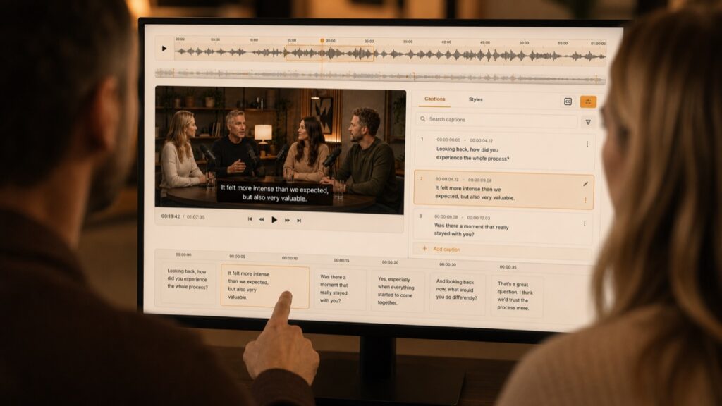 A subtitle editor reviewing a multi-speaker recording with a timeline.