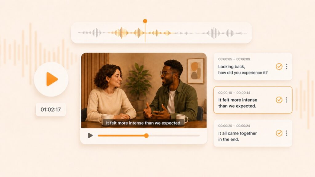 Une interface de révision de sous‑titres avec deux intervenants et une transcription horodatée.